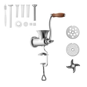 Manual Meat Grinder, 304 Stainless Steel Hand Crank Meat Mincer with Steel Table Clamp, Sausage Stuffer with 2 Cutting Plates & 4 Sausage Tubes