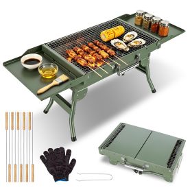 Foldable Charcoal Grill Portable Bbq Grill With Storage Shelf, Carry Handle, Air Vent Design, Chrome-Plated Grill Grate, 10 Skewers, Outdoor Barbecue (Color: ARMYGREEN)