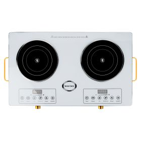 7000W Electric Double Ceramic Stove Electric Cooktop Hot Plate Infrared Countertop Burner 3500W+3500W With 11 Power Levels 0-4H Timer Portable Handle (Color: White)